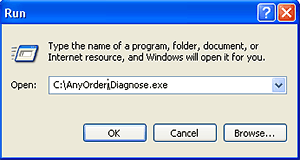 If you are unable to access the diagnostic program built into AnyOrder, you can reach it by using Window's RUN dialog box.  C:\AnyOrder\Diagnose.exe starts it.