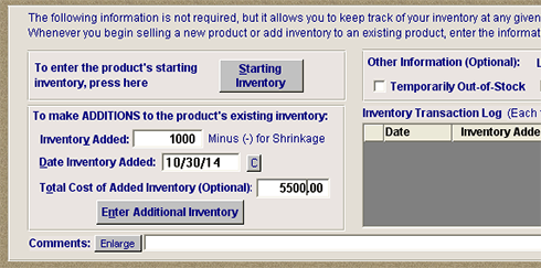 To add inventory, use the area on the lower left of the Product Information Screen.  Enter the amount, date and cost and click the "Enter Additional Inventory" button.