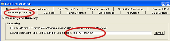To reach this area of the program, start at the Main Invoice Screen and select File >> Basic Program Set-up & Preferences from the Menu Bar.  Then click on the "Networking / Currency" tab.  Enter the path to the AnyOrder directory on the server (or computer you are using for the server.  The AnyOrder directory on the server is called the "Common Data Directory."