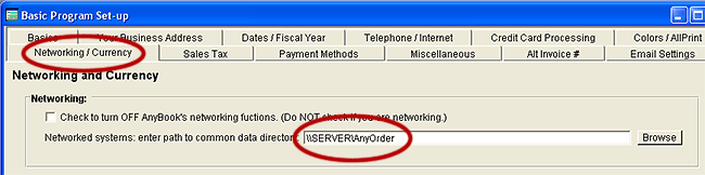To reach this area of the program, start at the Main Invoice Screen and select File >> Basic Program Set-up & Preferences from the Menu Bar.  Then click on the "Networking / Currency" tab.  Enter the path to the AnyOrder directory on the server (or computer you are using for the server.  The AnyOrder directory on the server is called the "Common Data Directory."